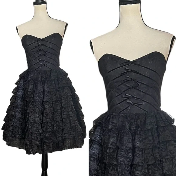 Vintage Betsey Johnson Evening Sheer Lace Velvet Ribbon Bows Goth Cupcake Dress - Picture 1 of 12